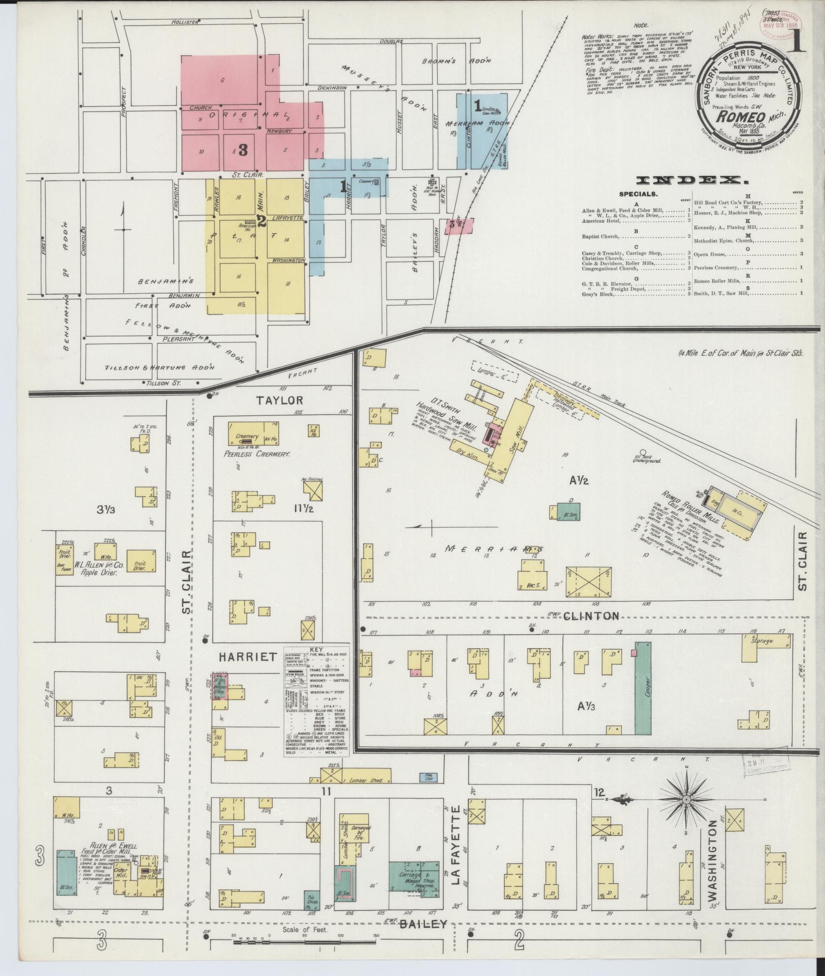 Sanborn Fire Insurance Map from Romeo, Macomb County, Michigan (1895), Sheet #0001 - Complete Map Set gallery image, historic Sanborn map, vintage wall art, Michigan Michigan