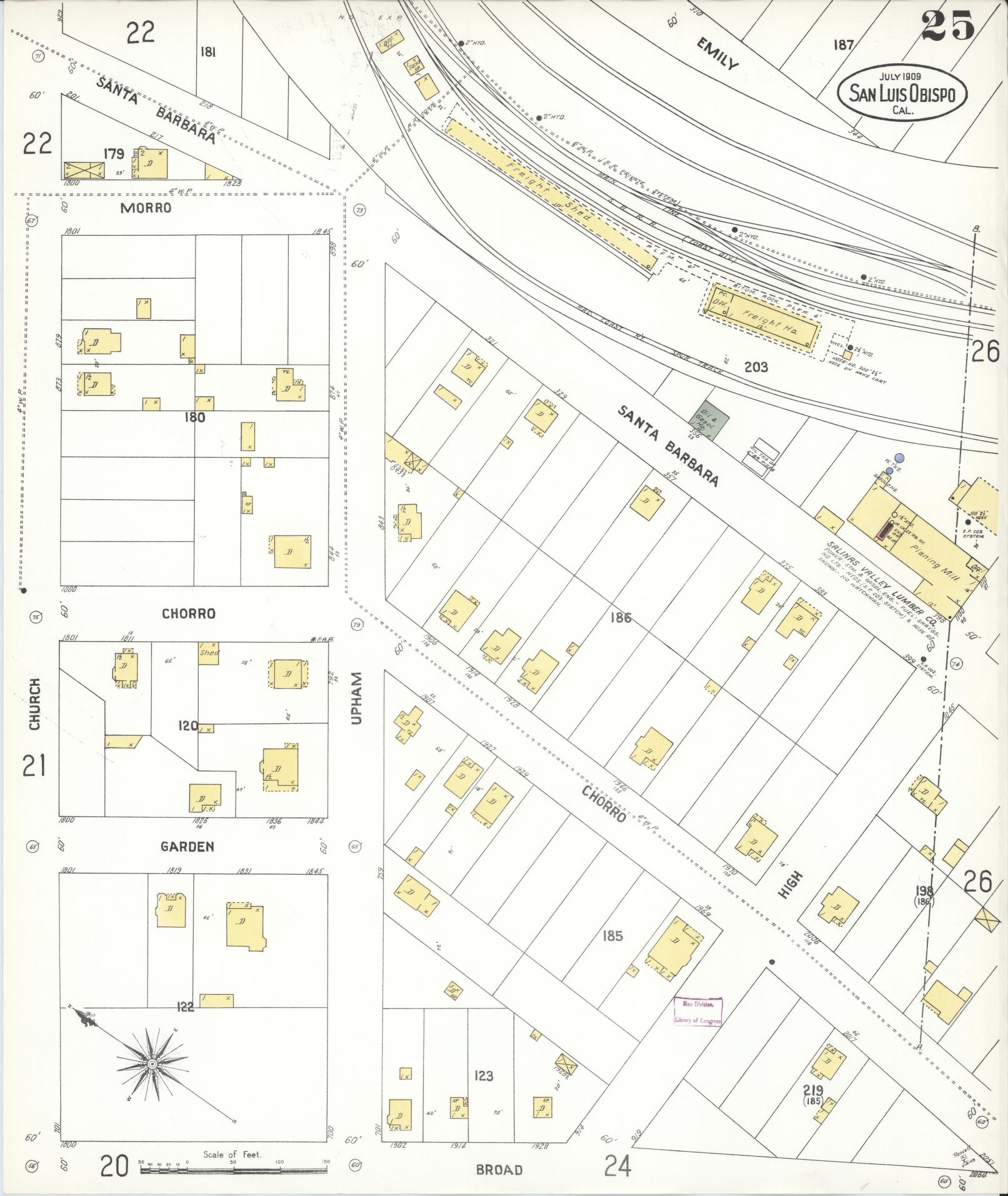 Sanborn Fire Insurance Map from San Luis Obispo, San Luis Obispo County, California (1909), Sheet #0025 - Complete Map Set gallery image, historic Sanborn map, vintage wall art, California California