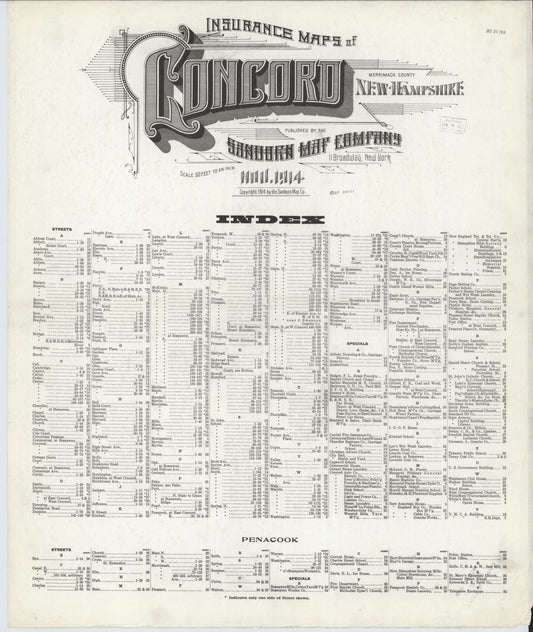 Sanborn Fire Insurance Map from Concord, Merrimack County, New Hampshire (1914), Sheet #0001 - Historic Sanborn Fire Insurance Map Print, vintage old map wall art, antique decor, genealogy gift, New Hampshire New Hampshire map