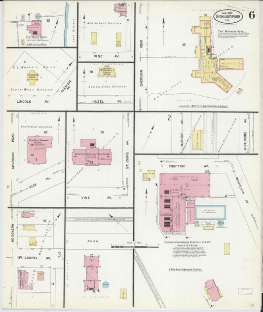 Sanborn Fire Insurance Map from Highland Park, Lake County, Illinois (1907), Sheet #0006 - Historic Sanborn Fire Insurance Map Print, vintage old map wall art, antique decor, genealogy gift, Illinois Illinois map