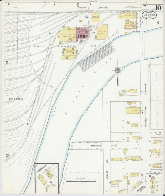 Sanborn Fire Insurance Map from Oconto, Oconto County, Wisconsin (1911), Sheet #0010 - Historic Sanborn Fire Insurance Map Print, vintage old map wall art, antique decor, genealogy gift, Wisconsin Wisconsin map