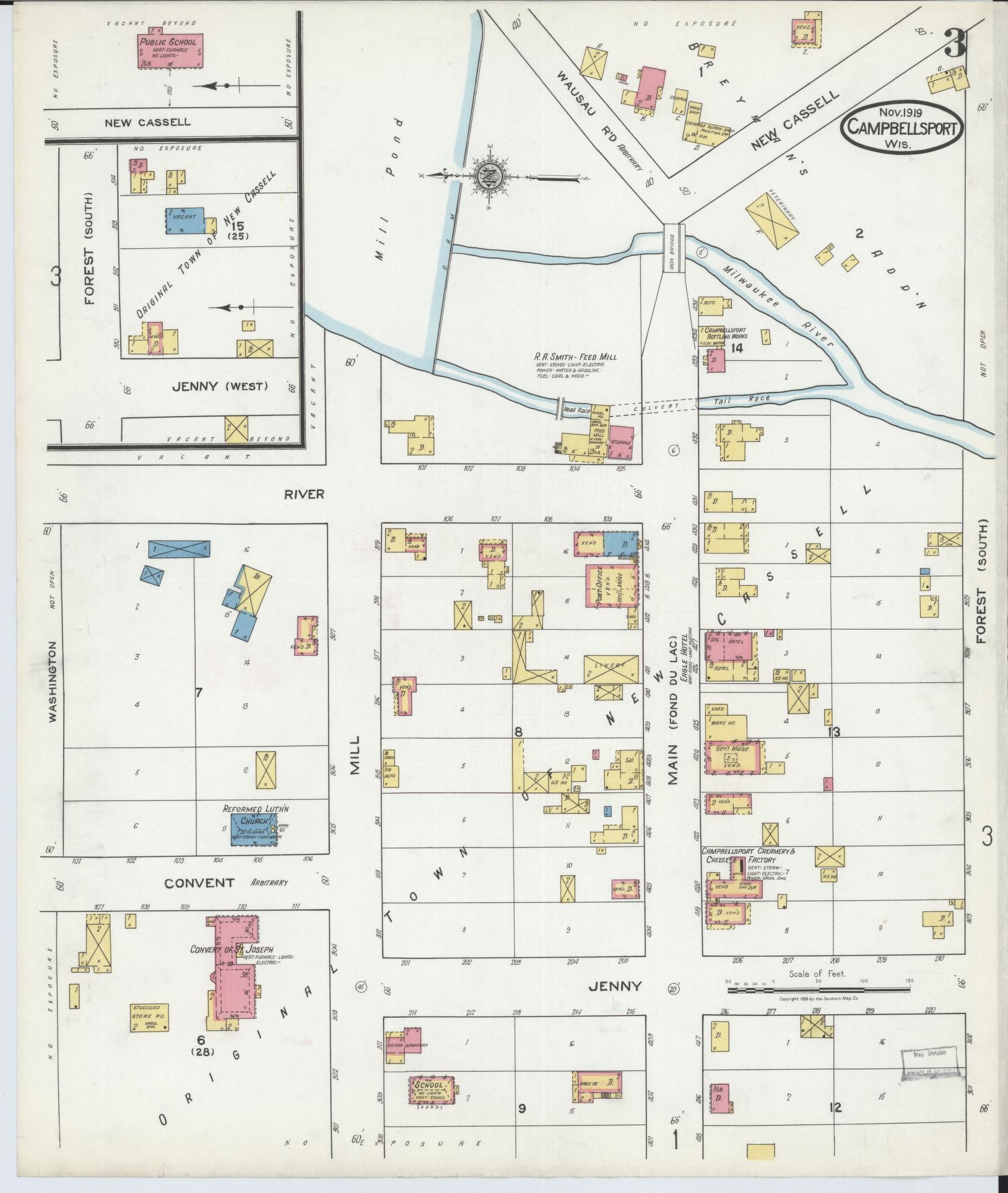 Sanborn Fire Insurance Map from Campbellsport, Fond du Lac County, Wisconsin (1919), Sheet #0003 - Historic Sanborn Fire Insurance Map Print, vintage old map wall art, antique decor, genealogy gift, Wisconsin Wisconsin map