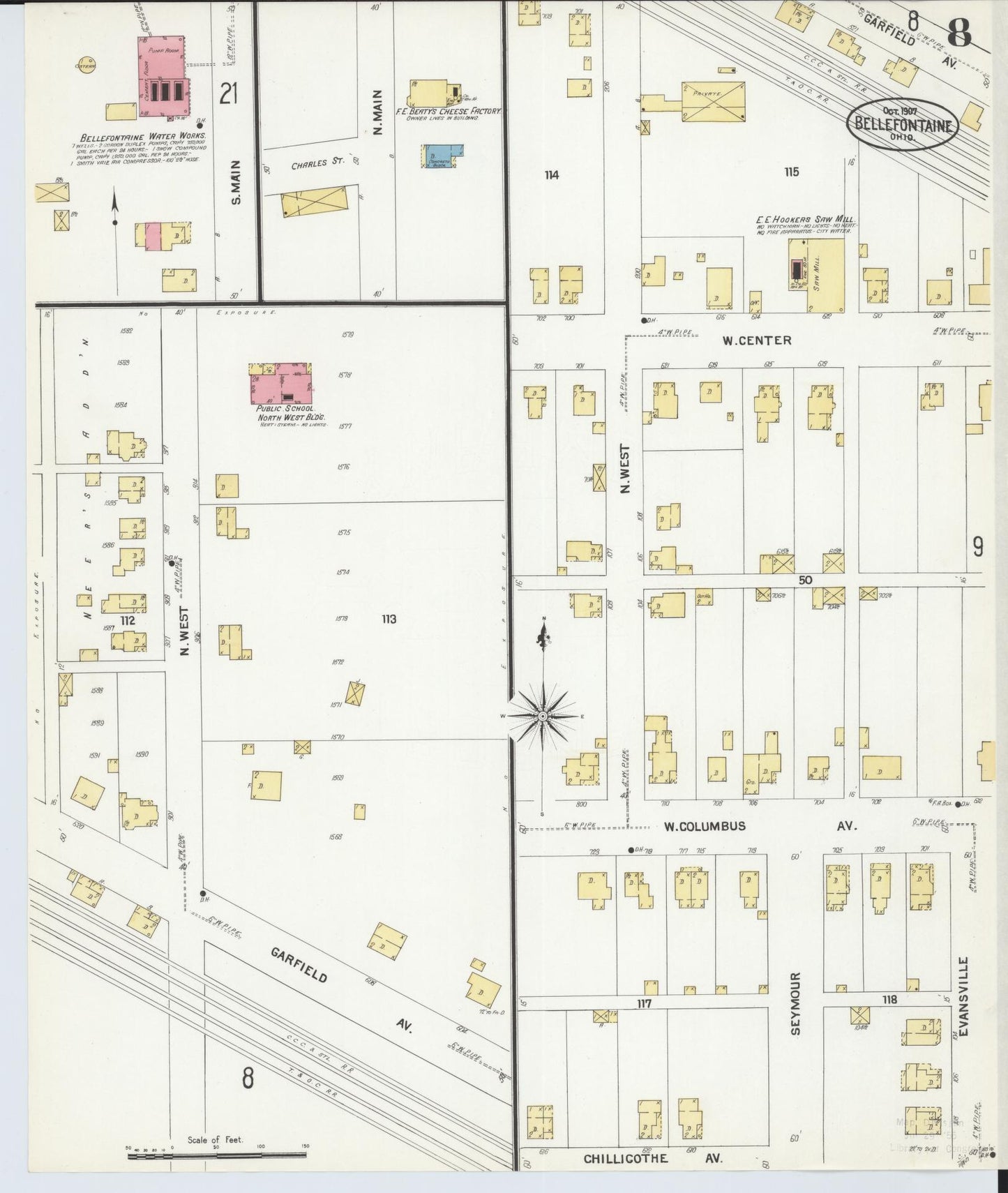 Sanborn Fire Insurance Map from Bellefontaine, Logan County, Ohio (1907), Sheet #0008 - Historic Sanborn Fire Insurance Map Print, vintage old map wall art, antique decor, genealogy gift, Ohio Ohio map
