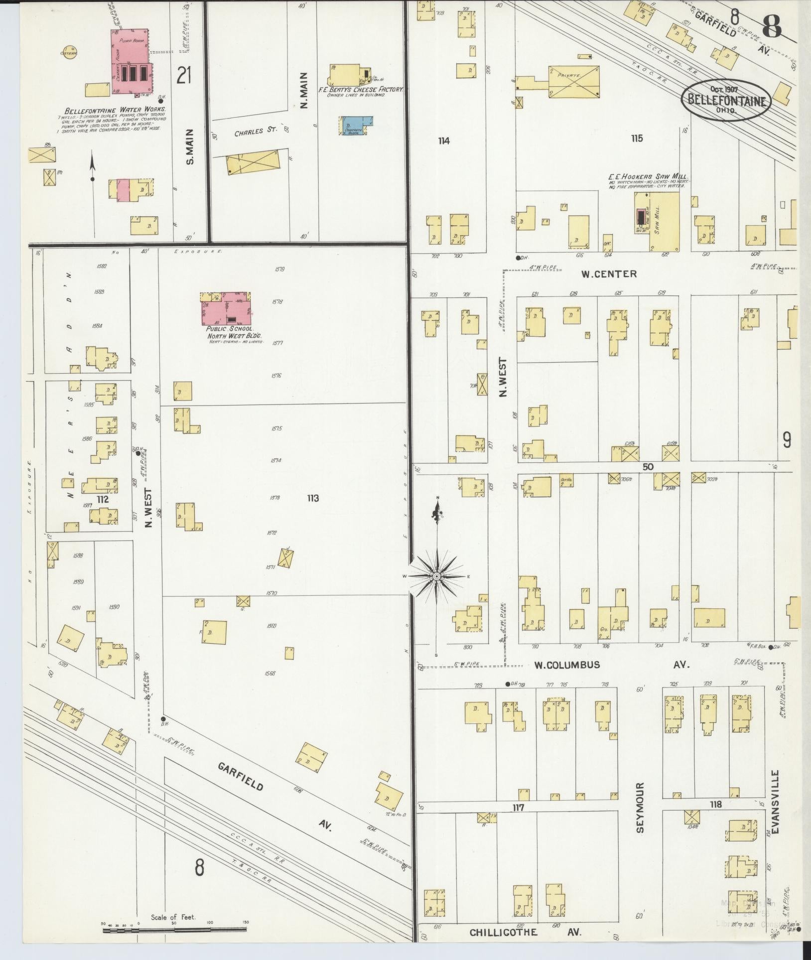 Sanborn Fire Insurance Map from Bellefontaine, Logan County, Ohio (1907), Sheet #0008 - Historic Sanborn Fire Insurance Map Print, vintage old map wall art, antique decor, genealogy gift, Ohio Ohio map
