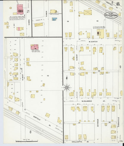 Sanborn Fire Insurance Map from Bellefontaine, Logan County, Ohio (1907), Sheet #0008 - Historic Sanborn Fire Insurance Map Print, vintage old map wall art, antique decor, genealogy gift, Ohio Ohio map
