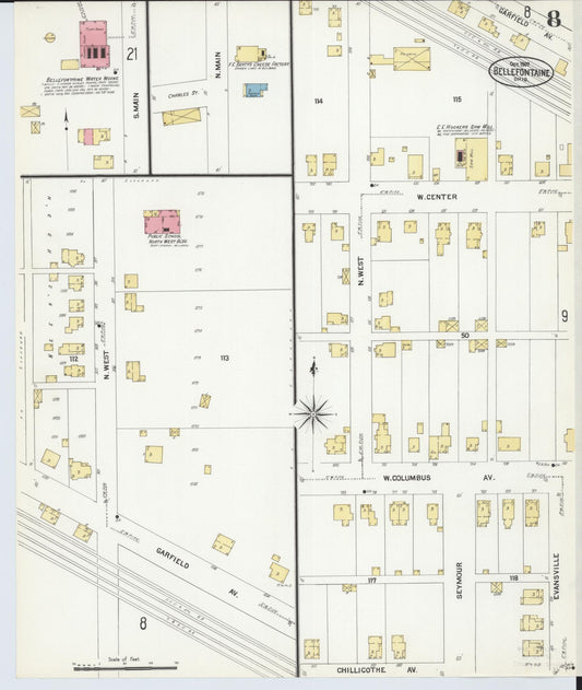 Sanborn Fire Insurance Map from Bellefontaine, Logan County, Ohio (1907), Sheet #0008 - Historic Sanborn Fire Insurance Map Print, vintage old map wall art, antique decor, genealogy gift, Ohio Ohio map