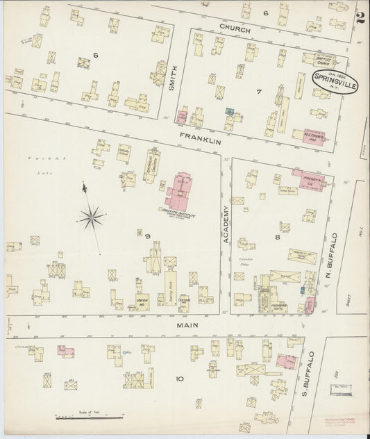 Sanborn Fire Insurance Map from Springville, Erie County, New York (1886), Sheet #0002 - Historic Sanborn Fire Insurance Map Print, vintage old map wall art, antique decor, genealogy gift, New York New York map