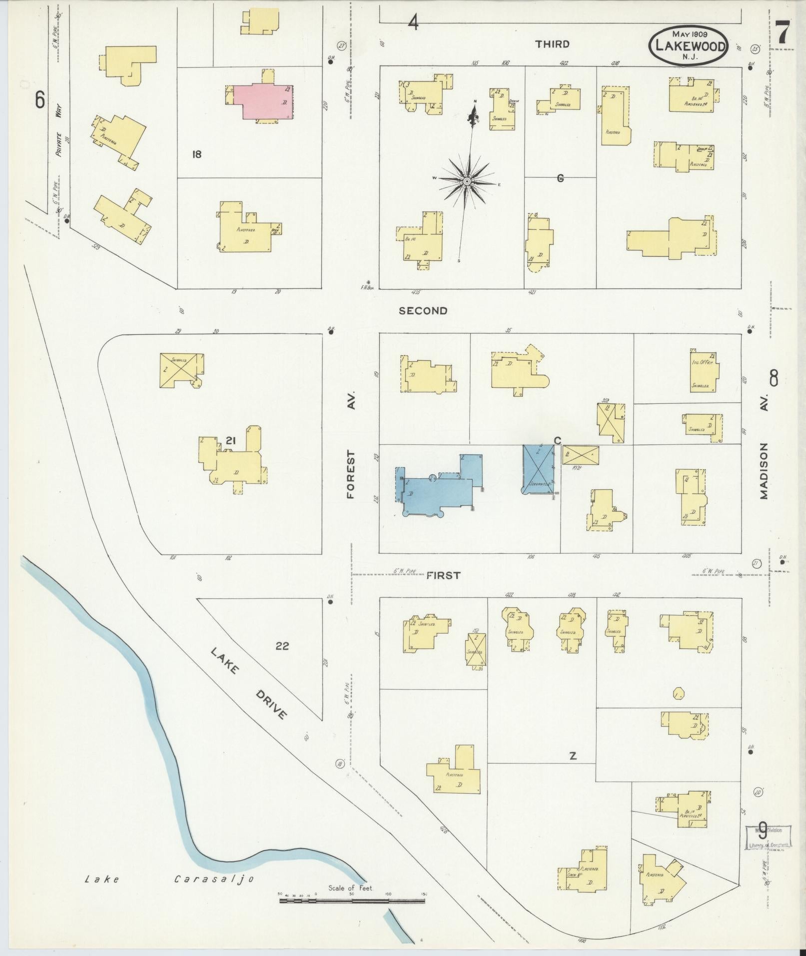 Sanborn Fire Insurance Map from Lakewood, Ocean County, New Jersey (1909), Sheet #0007 - Historic Sanborn Fire Insurance Map Print, vintage old map wall art, antique decor, genealogy gift, New Jersey New Jersey map
