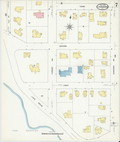 Sanborn Fire Insurance Map from Lakewood, Ocean County, New Jersey (1909), Sheet #0007 - Historic Sanborn Fire Insurance Map Print, vintage old map wall art, antique decor, genealogy gift, New Jersey New Jersey map