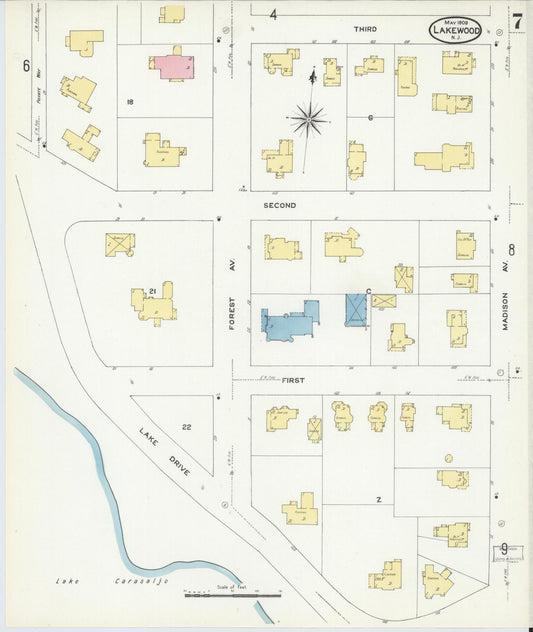 Sanborn Fire Insurance Map from Lakewood, Ocean County, New Jersey (1909), Sheet #0007 - Historic Sanborn Fire Insurance Map Print, vintage old map wall art, antique decor, genealogy gift, New Jersey New Jersey map
