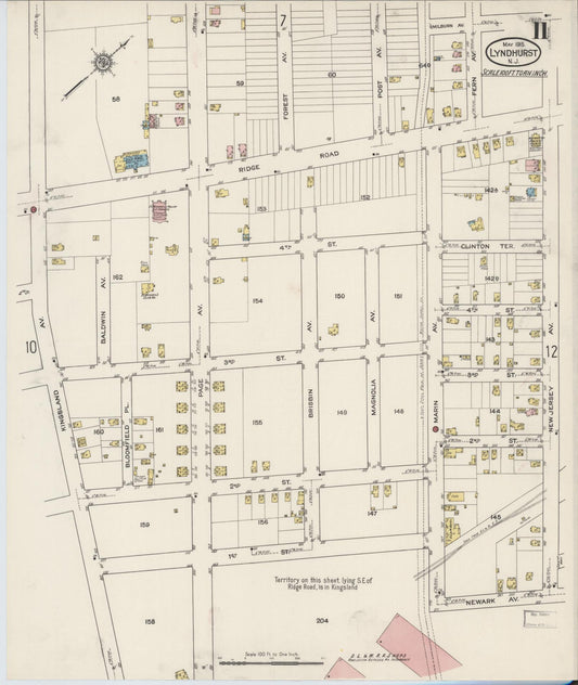 Sanborn Fire Insurance Map from Lyndhurst, Bergen County, New Jersey (1915), Sheet #0011 - Historic Sanborn Fire Insurance Map Print, vintage old map wall art, antique decor, genealogy gift, New Jersey New Jersey map