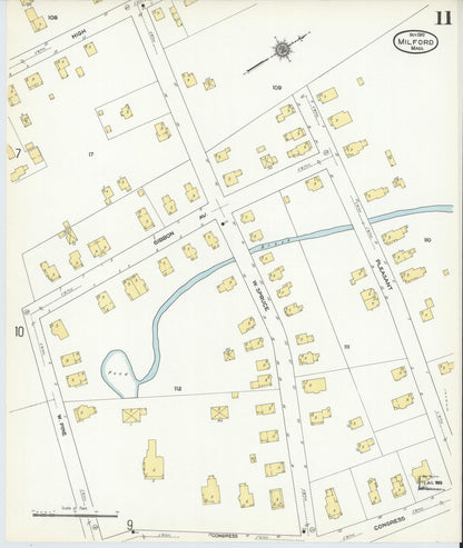 Sanborn Fire Insurance Map from Milford, Worcester County, Massachusetts (1910), Sheet #0011 - Historic Sanborn Fire Insurance Map Print, vintage old map wall art, antique decor, genealogy gift, Massachusetts Massachusetts map