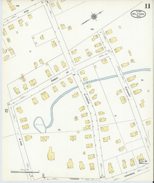 Sanborn Fire Insurance Map from Milford, Worcester County, Massachusetts (1910), Sheet #0011 - Historic Sanborn Fire Insurance Map Print, vintage old map wall art, antique decor, genealogy gift, Massachusetts Massachusetts map