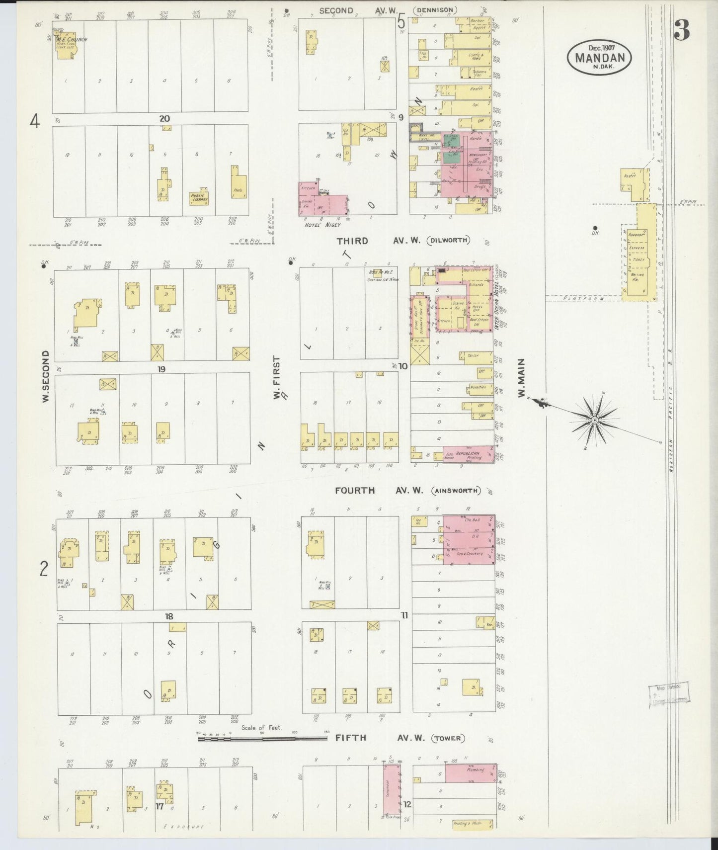 Sanborn Fire Insurance Map from Mandan, Morton County, North Dakota (1907), Sheet #0003 - Historic Sanborn Fire Insurance Map Print, vintage old map wall art, antique decor, genealogy gift, North Dakota North Dakota map