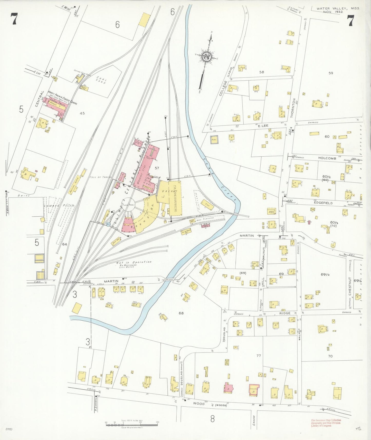 Sanborn Fire Insurance Map from Water Valley, Yalobusha County, Mississippi (1932), Sheet #0007 - Historic Sanborn Fire Insurance Map Print, vintage old map wall art, antique decor, genealogy gift, Mississippi Mississippi map