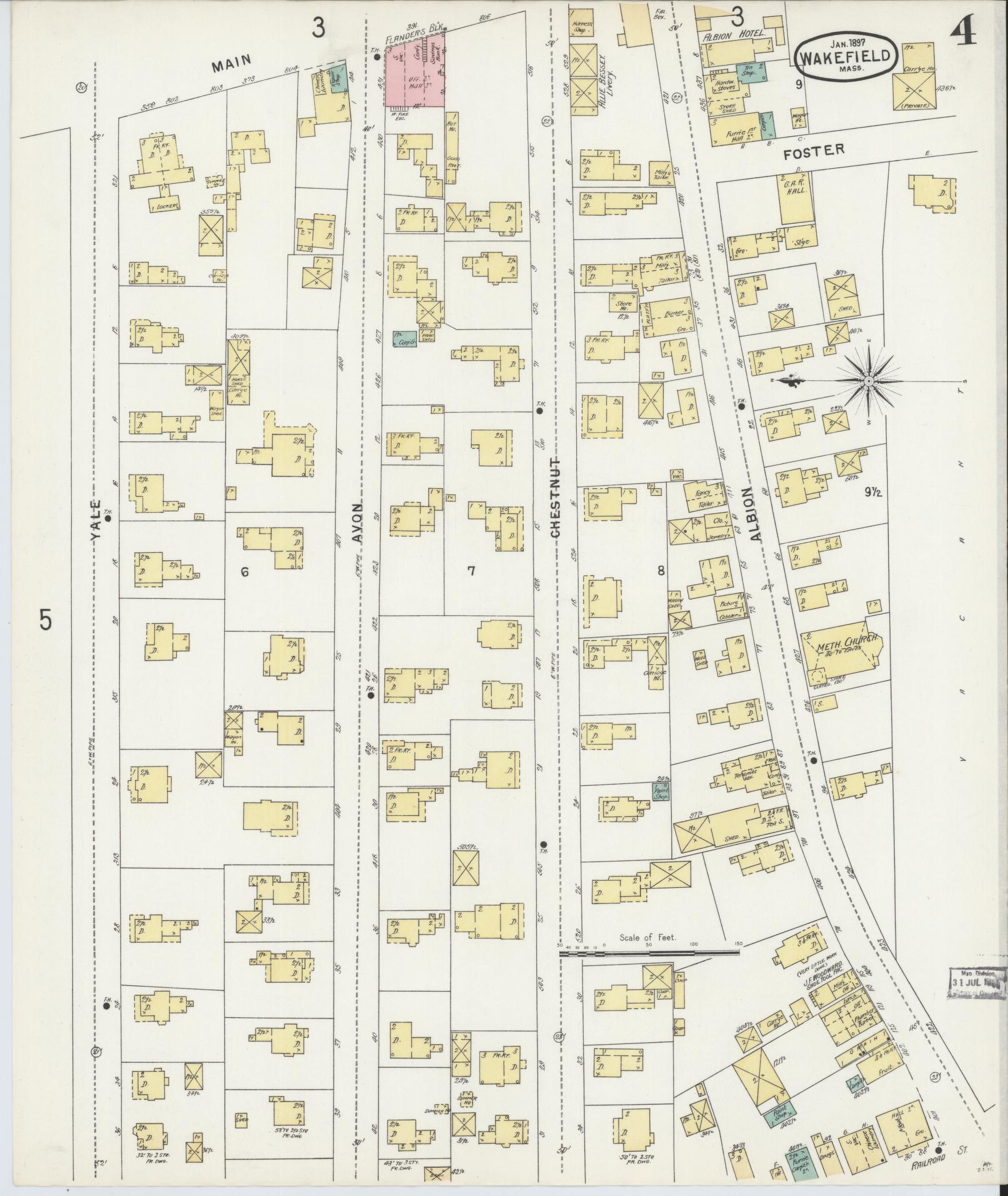 Sanborn Fire Insurance Map from Wakefield, Middlesex County, Massachusetts (1897), Sheet #0004 - Complete Map Set gallery image, historic Sanborn map, vintage wall art, Massachusetts Massachusetts