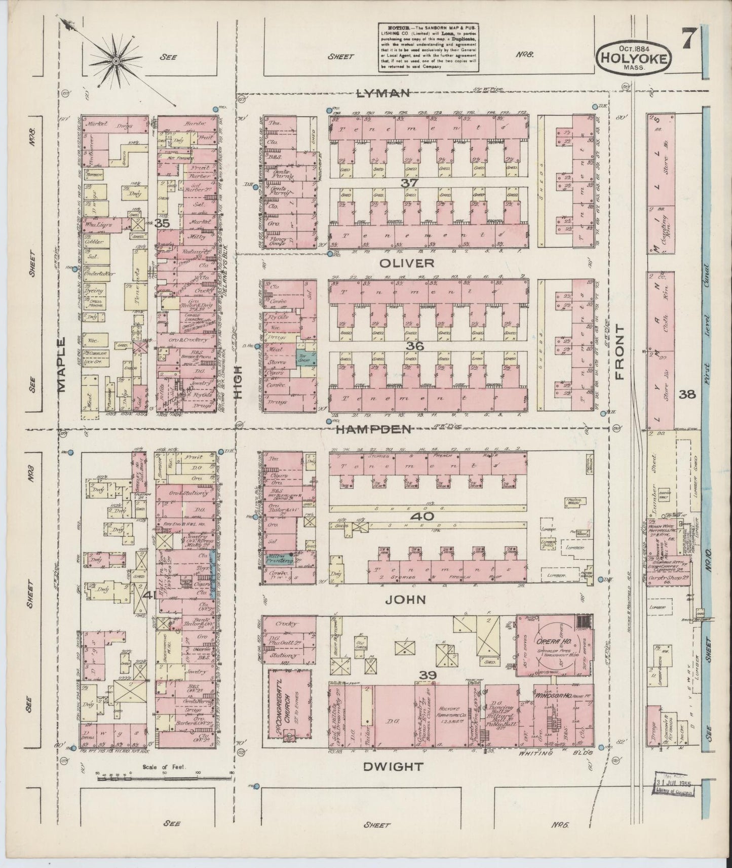 Sanborn Fire Insurance Map from Holyoke, Hampden County, Massachusetts (1884), Sheet #0007 - Historic Sanborn Fire Insurance Map Print, vintage old map wall art, antique decor, genealogy gift, Massachusetts Massachusetts map