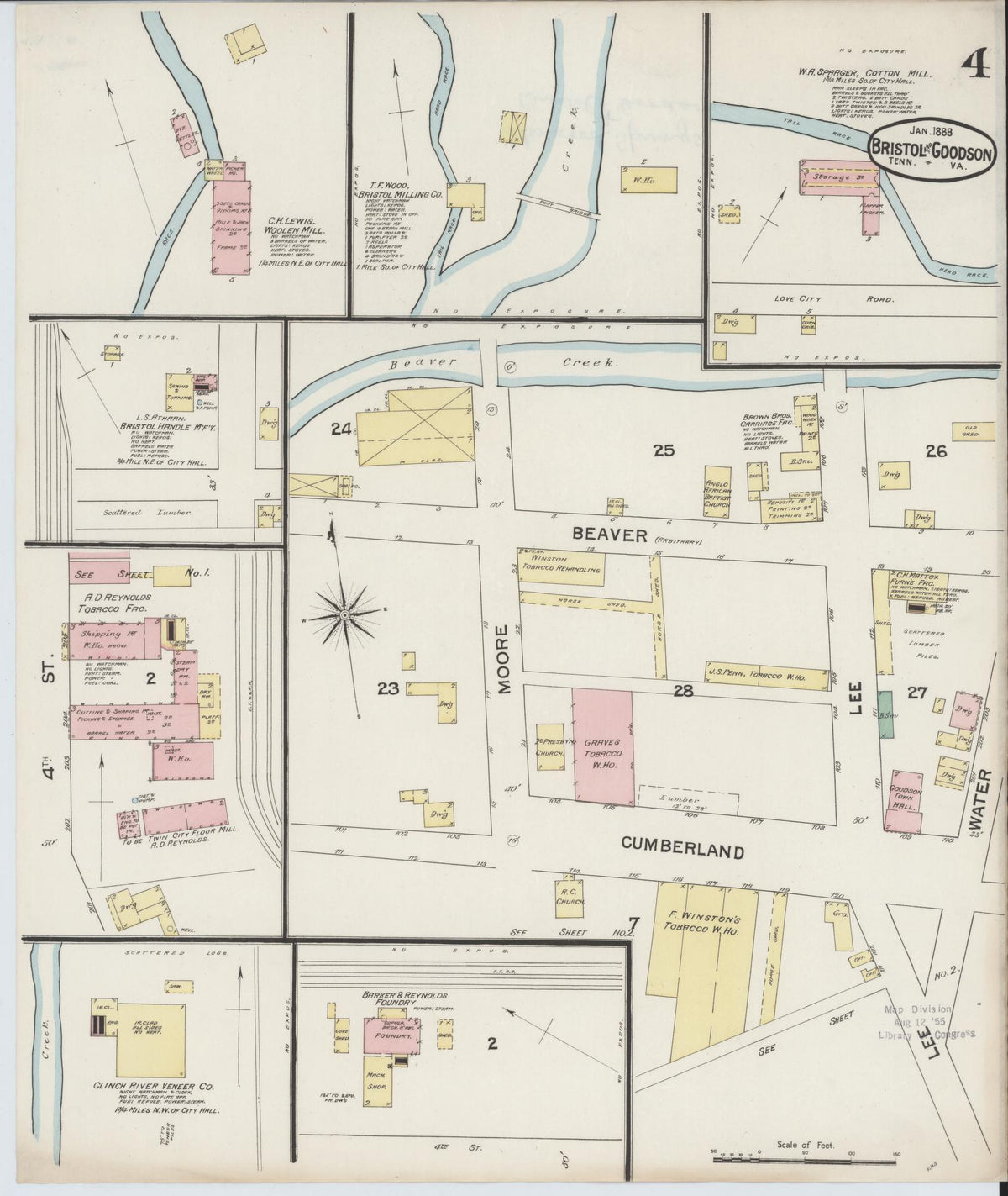 Sanborn Fire Insurance Map from Bristol, Sullivan County, Tennessee (1888), Sheet #0004 - Historic Sanborn Fire Insurance Map Print, vintage old map wall art, antique decor, genealogy gift, Tennessee Tennessee map
