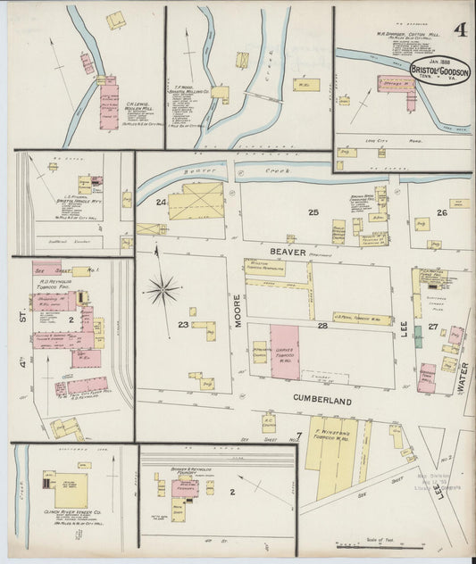 Sanborn Fire Insurance Map from Bristol, Sullivan County, Tennessee (1888), Sheet #0004 - Historic Sanborn Fire Insurance Map Print, vintage old map wall art, antique decor, genealogy gift, Tennessee Tennessee map
