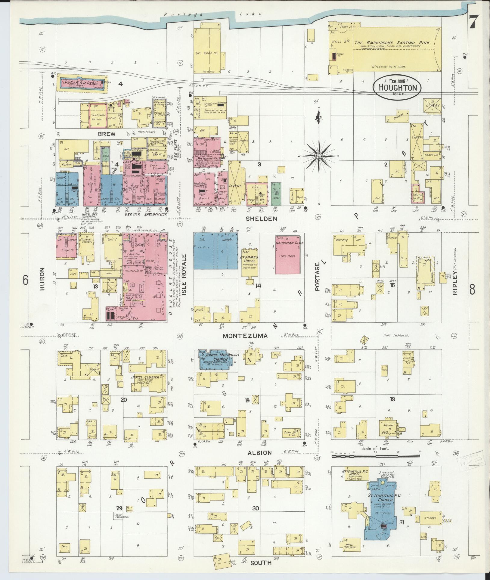 Sanborn Fire Insurance Map from Houghton, Houghton County, Michigan (1908), Sheet #0007 - Complete Map Set gallery image, historic Sanborn map, vintage wall art, Michigan Michigan