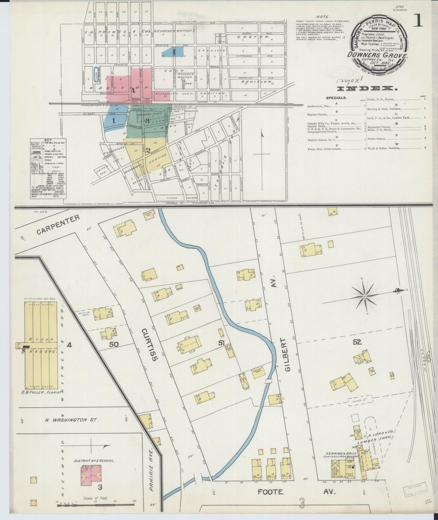 Sanborn Fire Insurance Map from Downers Grove, Dupage County, Illinois (1892), Sheet #0001 - Historic Sanborn Fire Insurance Map Print, vintage old map wall art, antique decor, genealogy gift, Illinois Illinois map