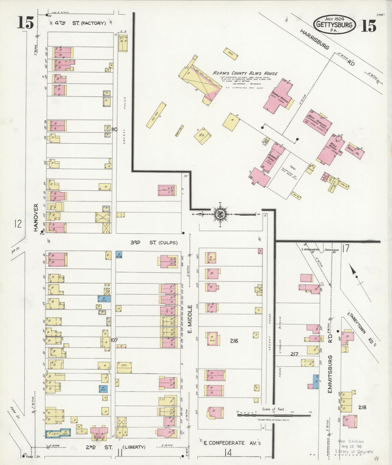 Sanborn Fire Insurance Map from Gettysburg, Adams County, Pennsylvania (1924), Sheet #0015 - Historic Sanborn Fire Insurance Map Print, vintage old map wall art, antique decor, genealogy gift, Pennsylvania Pennsylvania map