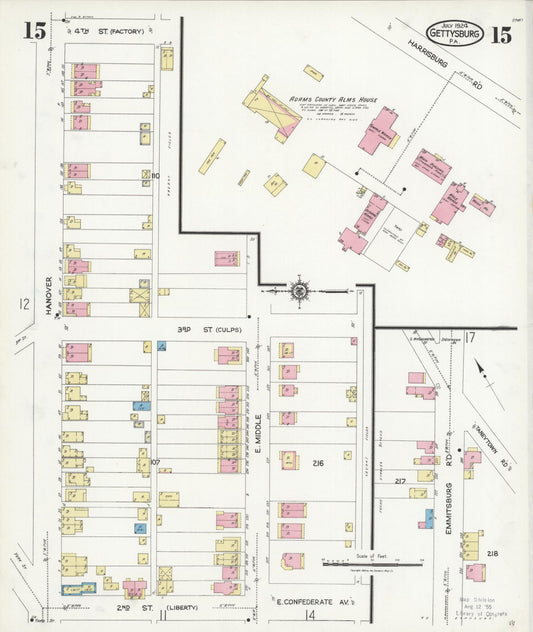 Sanborn Fire Insurance Map from Gettysburg, Adams County, Pennsylvania (1924), Sheet #0015 - Historic Sanborn Fire Insurance Map Print, vintage old map wall art, antique decor, genealogy gift, Pennsylvania Pennsylvania map