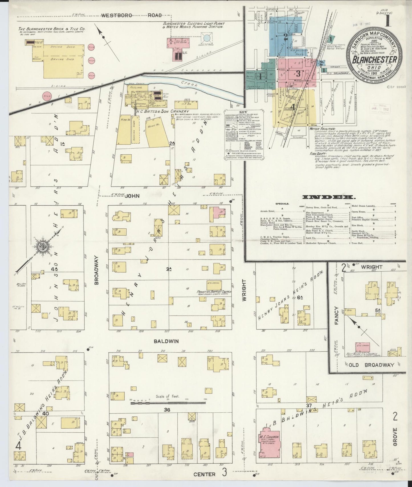 Sanborn Fire Insurance Map from Blanchester, Clinton County, Ohio (1911), Sheet #0001 - Historic Sanborn Fire Insurance Map Print, vintage old map wall art, antique decor, genealogy gift, Ohio Ohio map