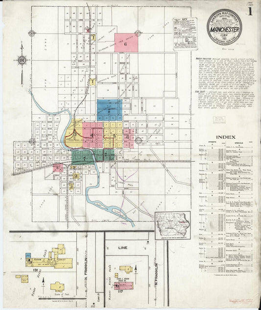 Sanborn Fire Insurance Map from Manchester, Delaware County, Iowa (1921), Sheet #0001 - Historic Sanborn Fire Insurance Map Print, vintage old map wall art
