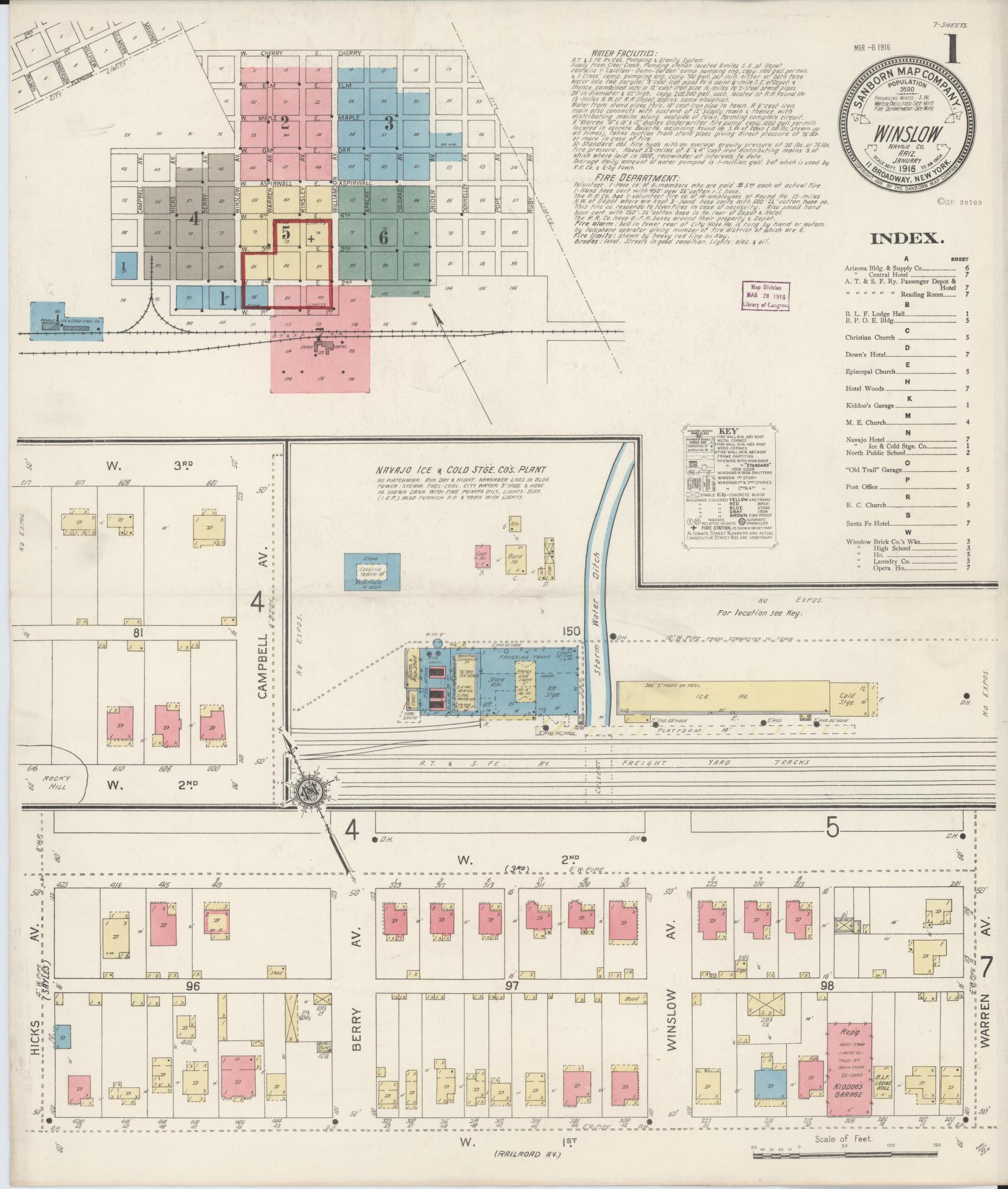 Sanborn Fire Insurance Map from Winslow, Navajo County, Arizona (1916), Sheet #0001 - Historic Sanborn Fire Insurance Map Print, vintage old map wall art, antique decor, genealogy gift, Arizona Arizona map