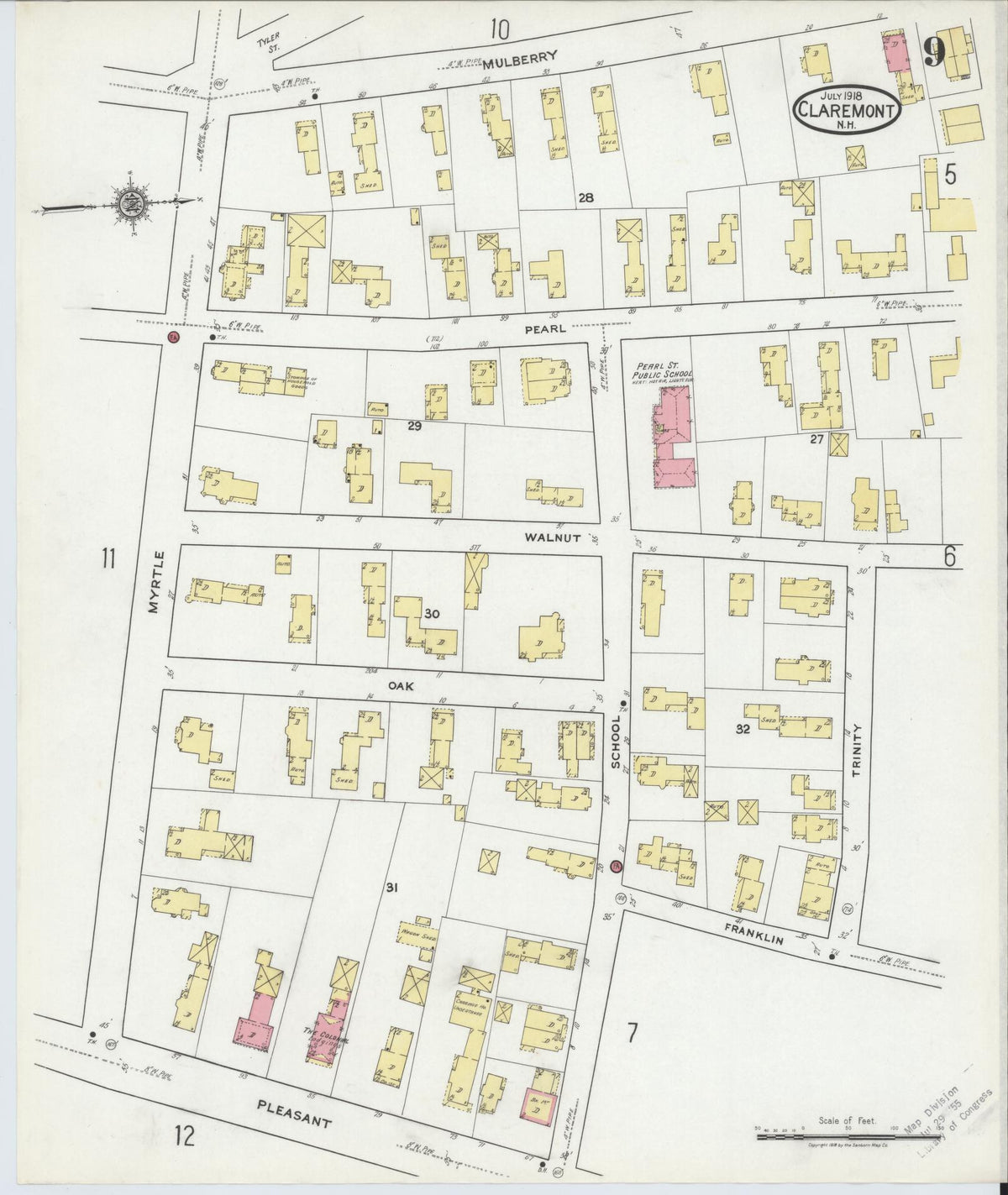 Sanborn Fire Insurance Map from Claremont, Sullivan County, New Hampshire (1918), Sheet #0009 - Historic Sanborn Fire Insurance Map Print, vintage old map wall art, antique decor, genealogy gift, New Hampshire New Hampshire map