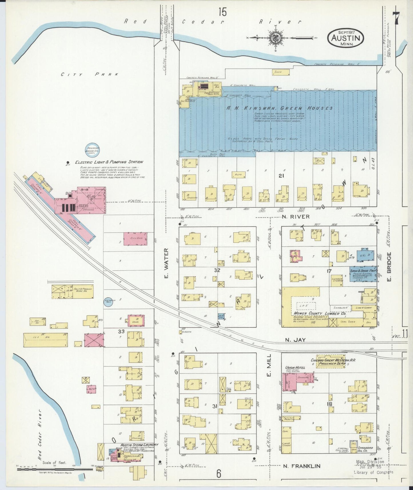 Sanborn Fire Insurance Map from Austin, Mower County, Minnesota (1917), Sheet #0007 - Historic Sanborn Fire Insurance Map Print, vintage old map wall art, antique decor, genealogy gift, Minnesota Minnesota map