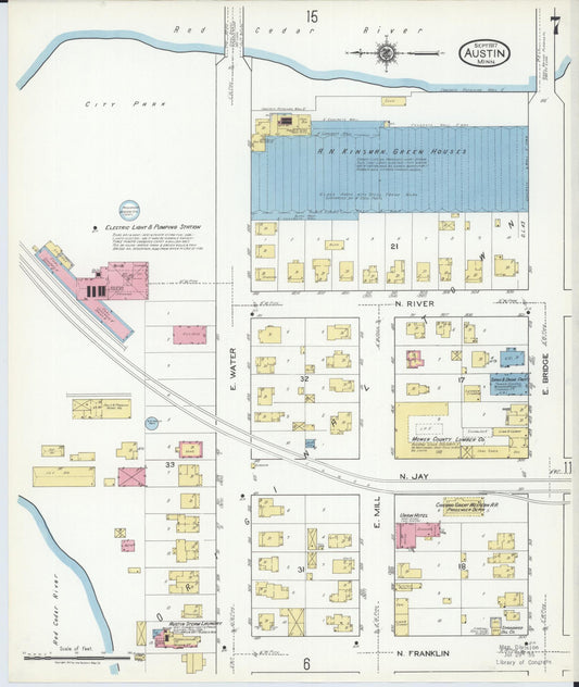 Sanborn Fire Insurance Map from Austin, Mower County, Minnesota (1917), Sheet #0007 - Historic Sanborn Fire Insurance Map Print, vintage old map wall art, antique decor, genealogy gift, Minnesota Minnesota map
