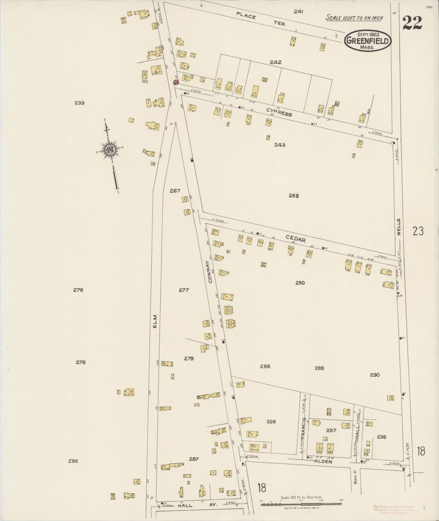 Sanborn Fire Insurance Map from Greenfield, Franklin County, Massachusetts (1922), Sheet #0022 - Complete Map Set gallery image, historic Sanborn map, vintage wall art, Massachusetts Massachusetts