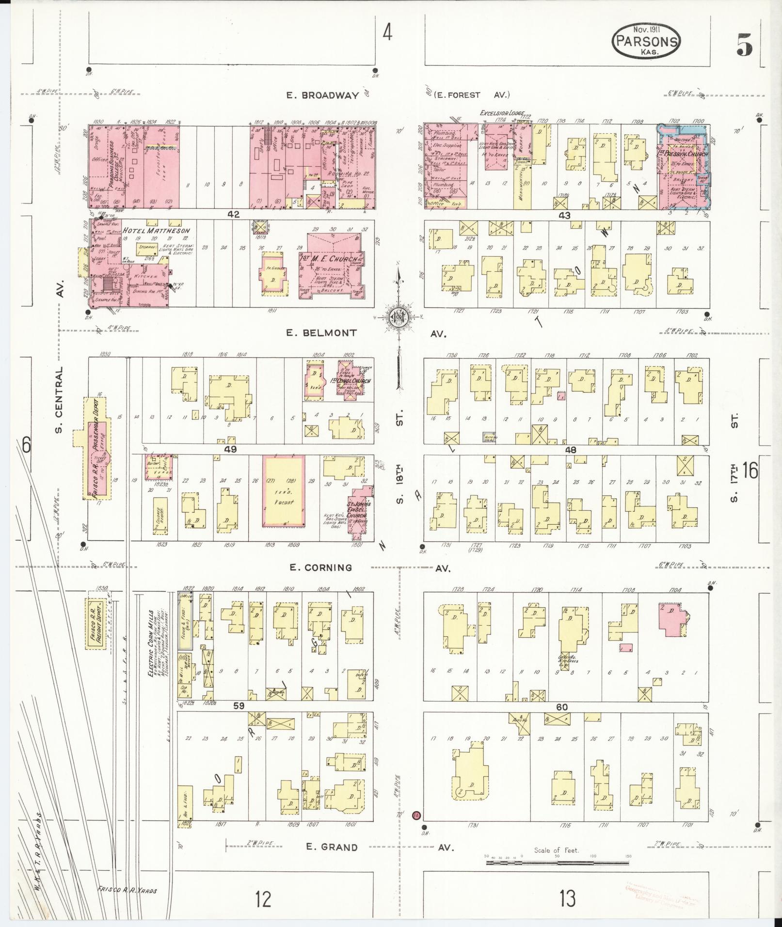 Sanborn Fire Insurance Map from Parsons, Labette County, Kansas (1911), Sheet #0005 - Complete Map Set gallery image, historic Sanborn map, vintage wall art, Kansas Kansas