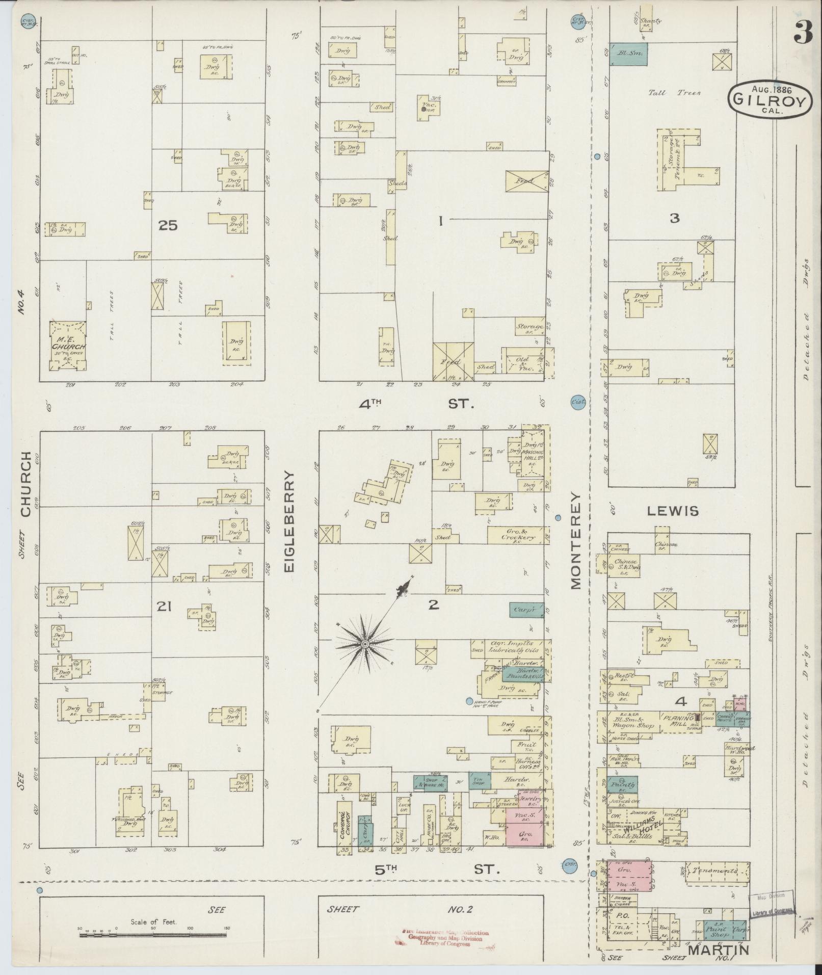 Sanborn Fire Insurance Map from Gilroy, Santa Clara County, California (1886), Sheet #0003 - Historic Sanborn Fire Insurance Map Print, vintage old map wall art, antique decor, genealogy gift, California California map