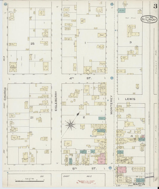 Sanborn Fire Insurance Map from Gilroy, Santa Clara County, California (1886), Sheet #0003 - Historic Sanborn Fire Insurance Map Print, vintage old map wall art, antique decor, genealogy gift, California California map