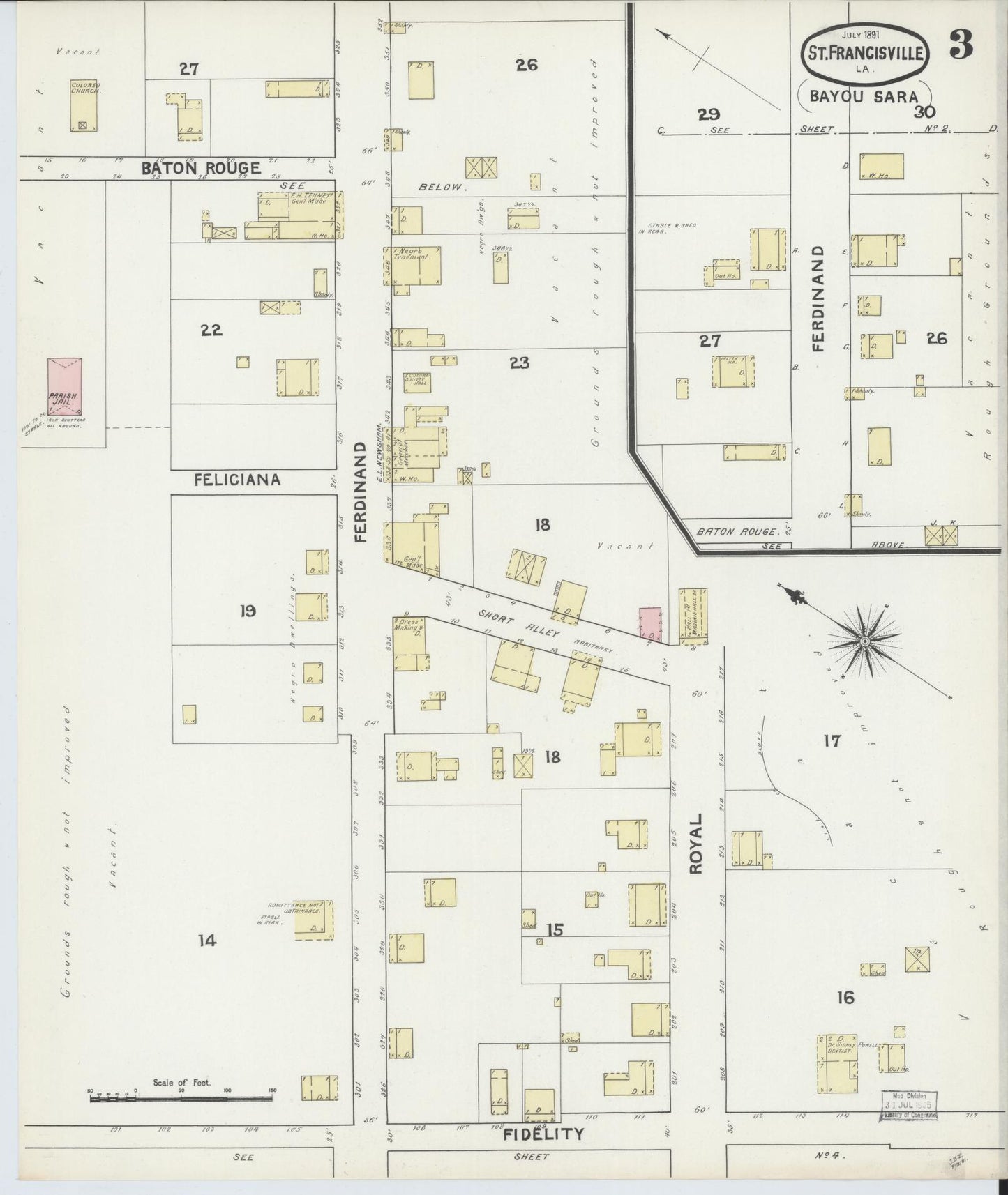 Sanborn Fire Insurance Map from Bayou Sara, West Feliciana Parish, Louisiana (1891), Sheet #0003 - Complete Map Set gallery image, historic Sanborn map, vintage wall art, Louisiana Louisiana