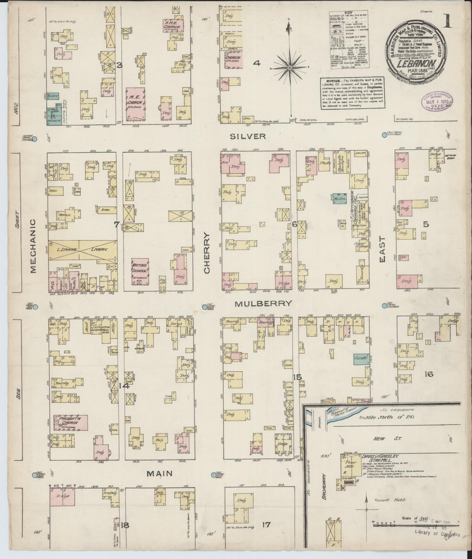 Sanborn Fire Insurance Map from Lebanon, Warren County, Ohio (1885), Sheet #0001 - Historic Sanborn Fire Insurance Map Print, vintage old map wall art, antique decor, genealogy gift, Ohio Ohio map