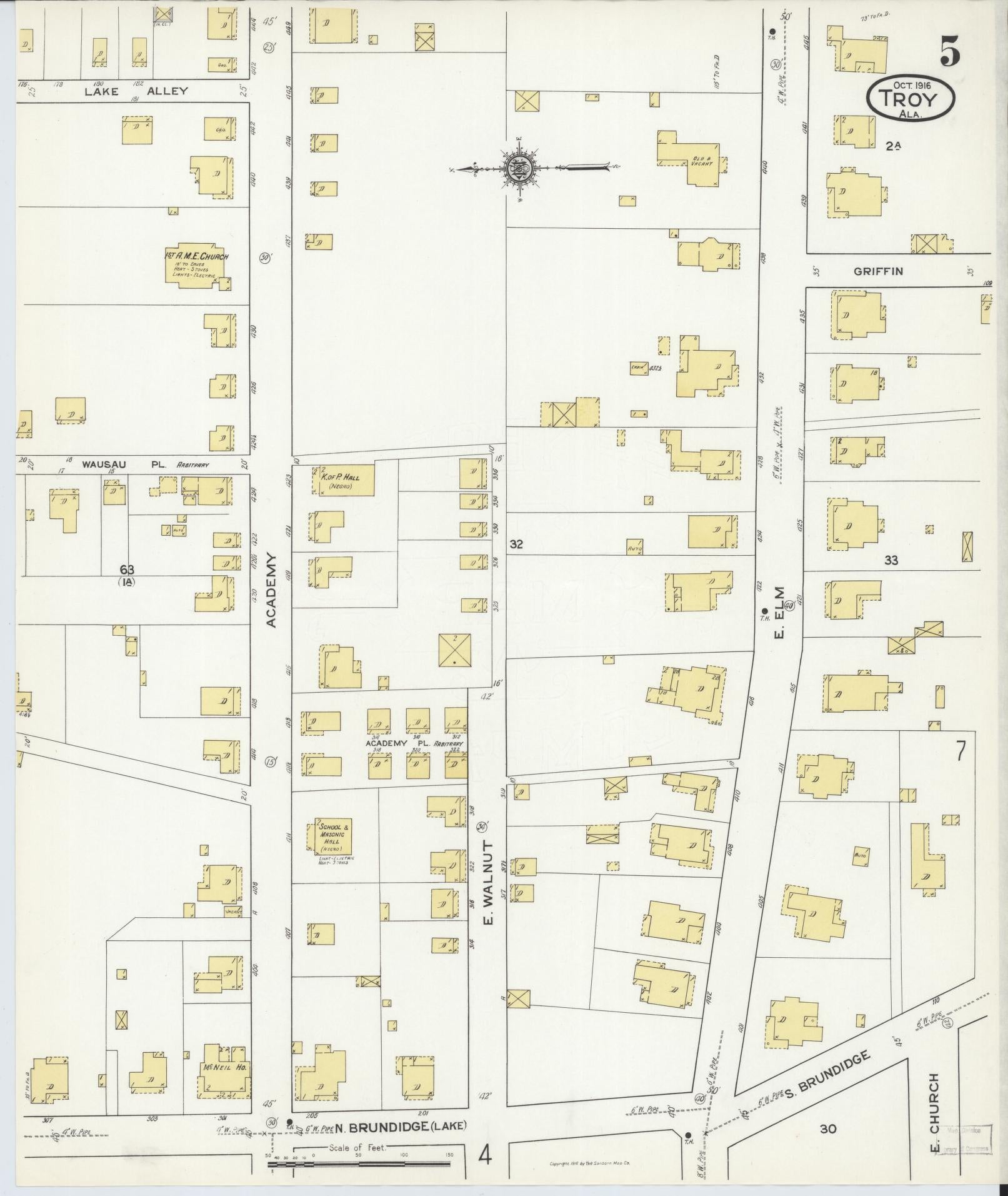 Sanborn Fire Insurance Map from Troy, Pike County, Alabama (1916), Sheet #0005 - Complete Map Set gallery image, historic Sanborn map, vintage wall art, Alabama Alabama