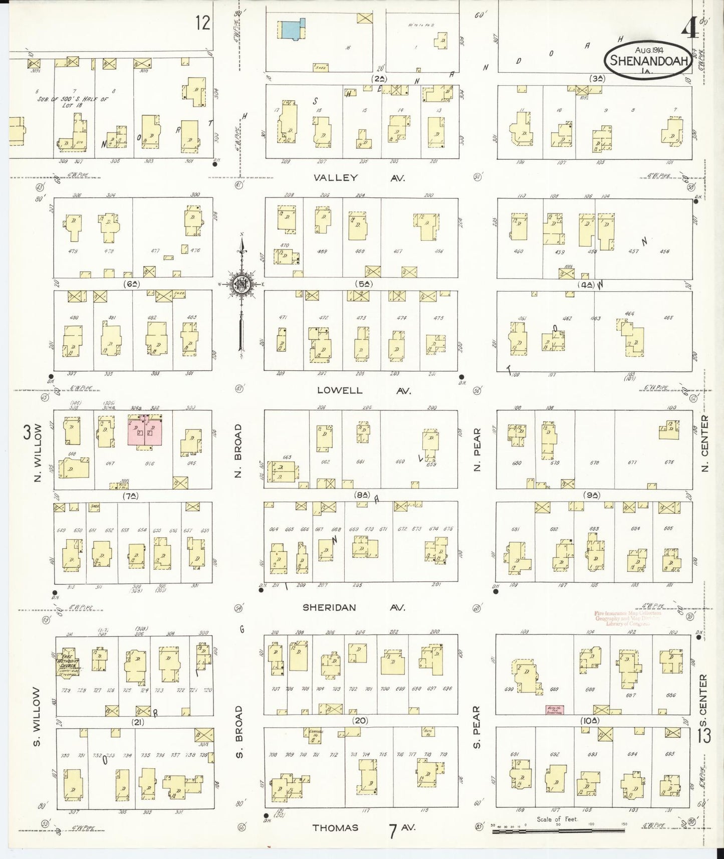 Sanborn Fire Insurance Map from Shenandoah, Page County, Iowa (1914), Sheet #0004 - Historic Sanborn Fire Insurance Map Print, vintage old map wall art