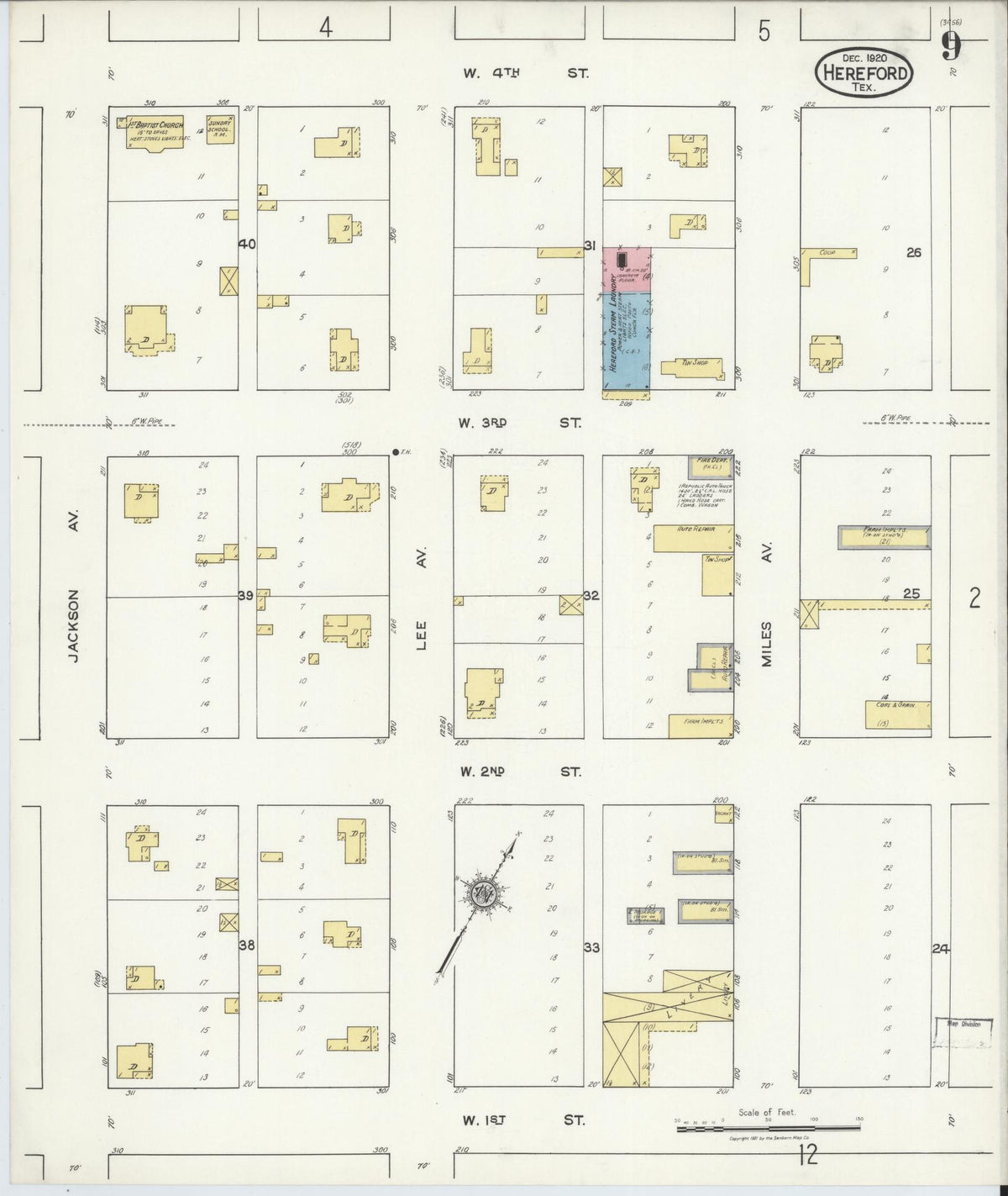 Sanborn Fire Insurance Map from Hereford, Deaf Smith County, Texas (1920), Sheet #0009 - Historic Sanborn Fire Insurance Map Print, vintage old map wall art, antique decor, genealogy gift, Texas Texas map