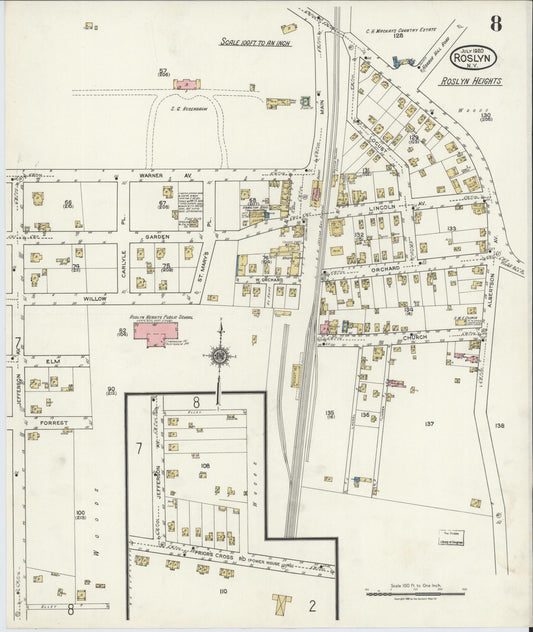 Sanborn Fire Insurance Map from Roslyn, Nassau County, New York (1920), Sheet #0008 - Historic Sanborn Fire Insurance Map Print, vintage old map wall art, antique decor, genealogy gift, New York New York map