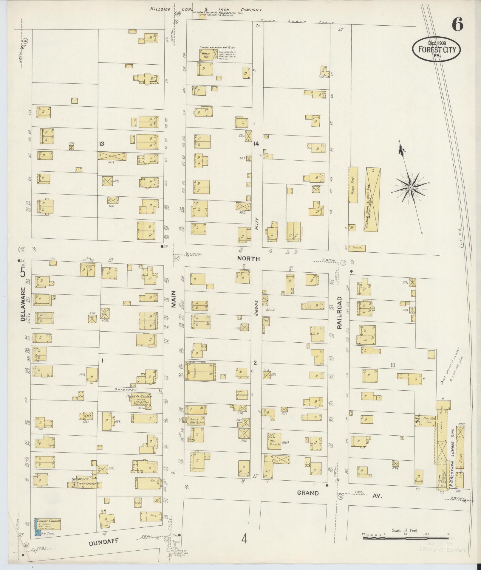 Sanborn Fire Insurance Map from Forest City, Susquehanna County, Pennsylvania (1908), Sheet #0006 - Historic Sanborn Fire Insurance Map Print, vintage old map wall art, antique decor, genealogy gift, Pennsylvania Pennsylvania map