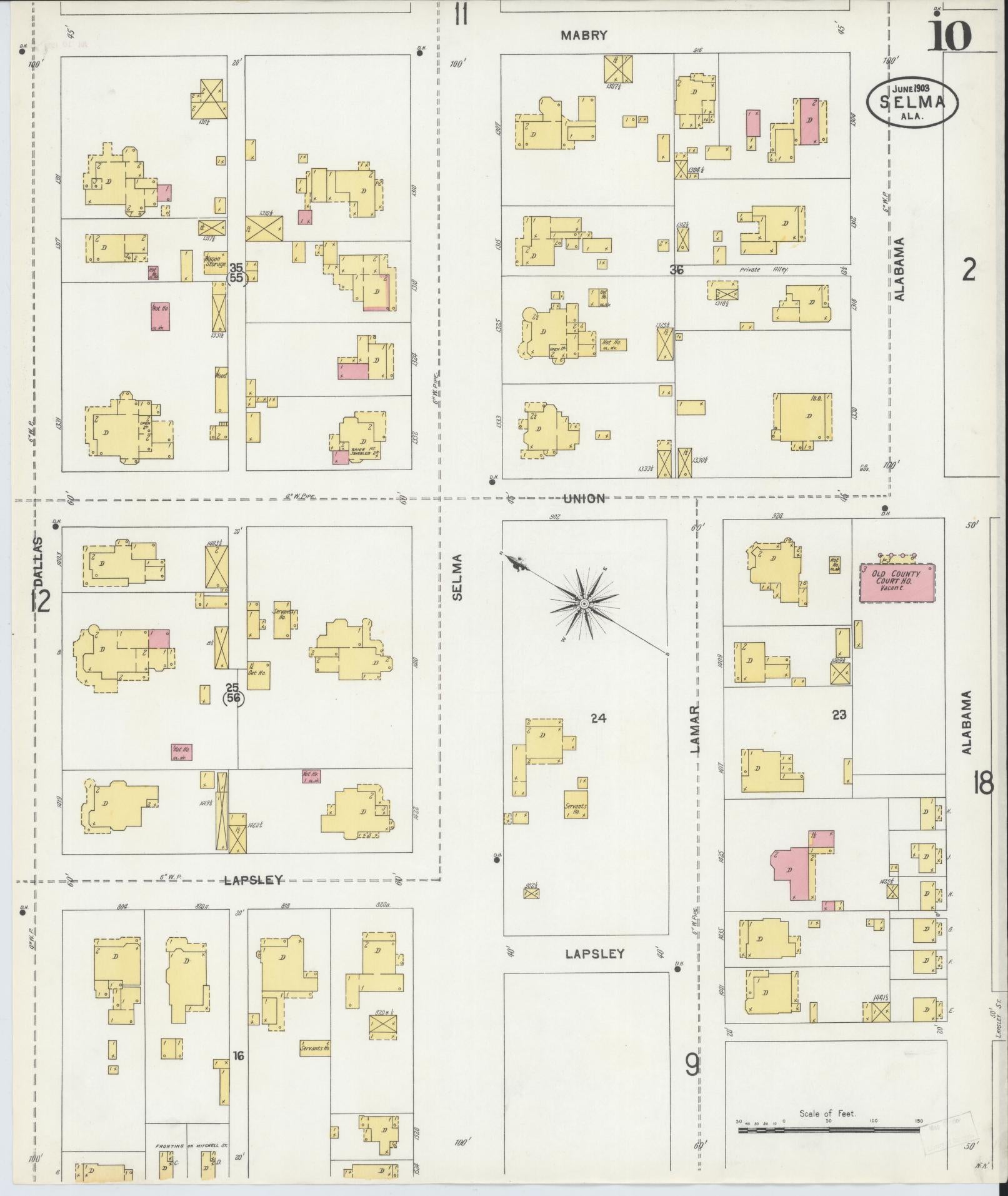Sanborn Fire Insurance Map from Selma, Dallas County, Alabama (1903), Sheet #0010 - Historic Sanborn Fire Insurance Map Print, vintage old map wall art, antique decor, genealogy gift, Alabama Alabama map