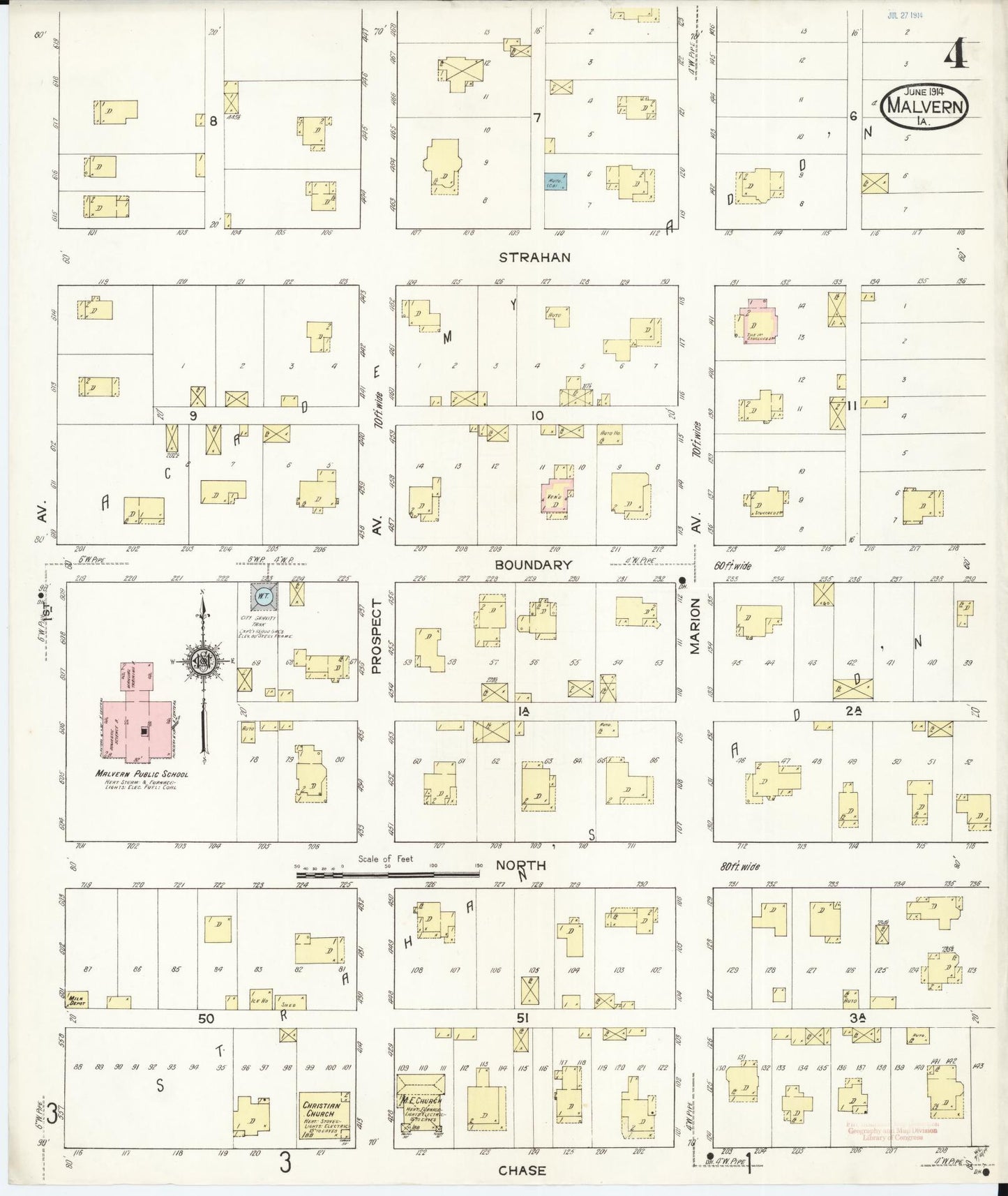 Sanborn Fire Insurance Map from Malvern, Mills County, Iowa (1914), Sheet #0004 - Historic Sanborn Fire Insurance Map Print, vintage old map wall art