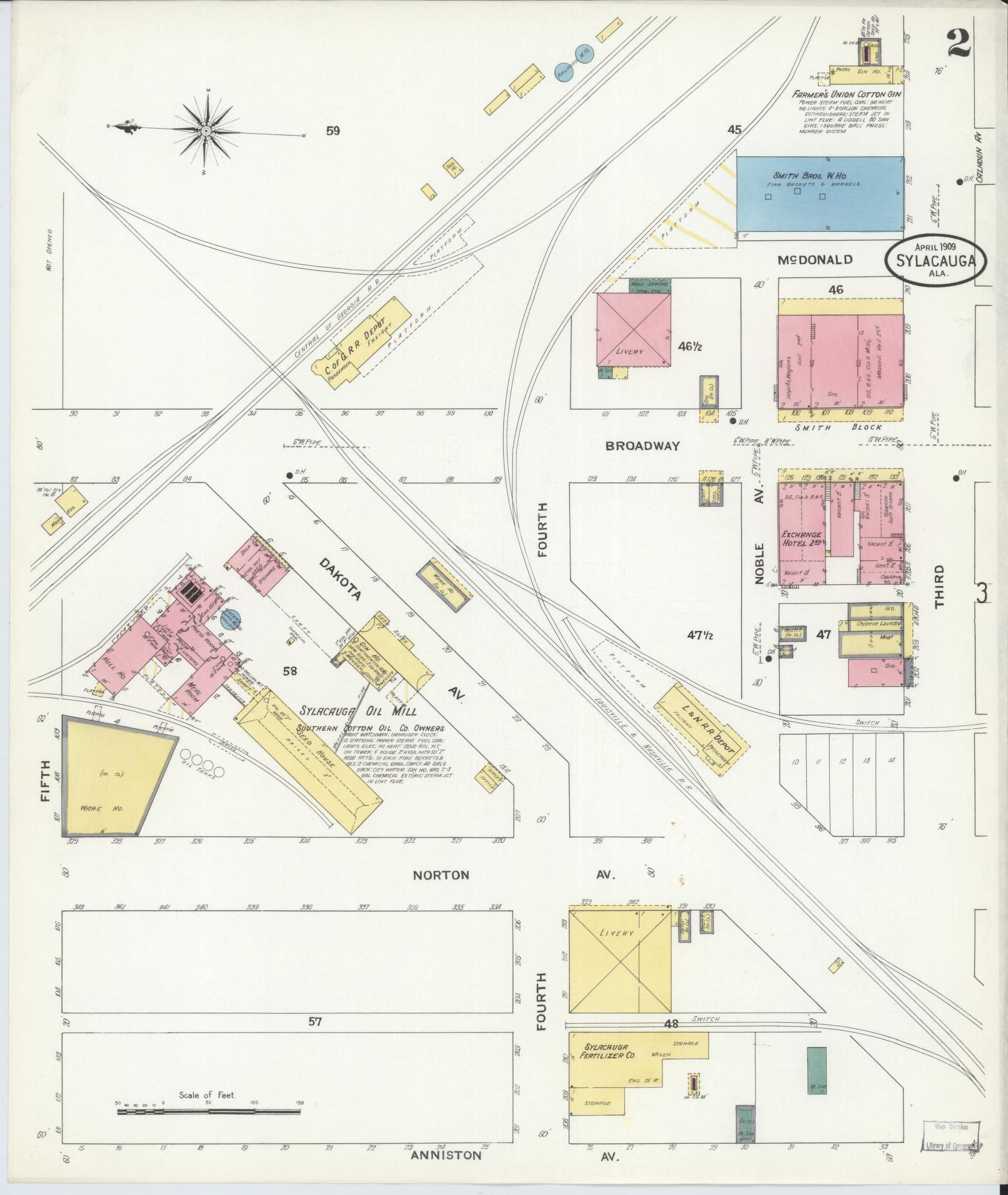 Sanborn Fire Insurance Map from Sylacauga, Talladega County, Alabama (1909), Sheet #0002 - Complete Map Set gallery image, historic Sanborn map, vintage wall art, Alabama Alabama