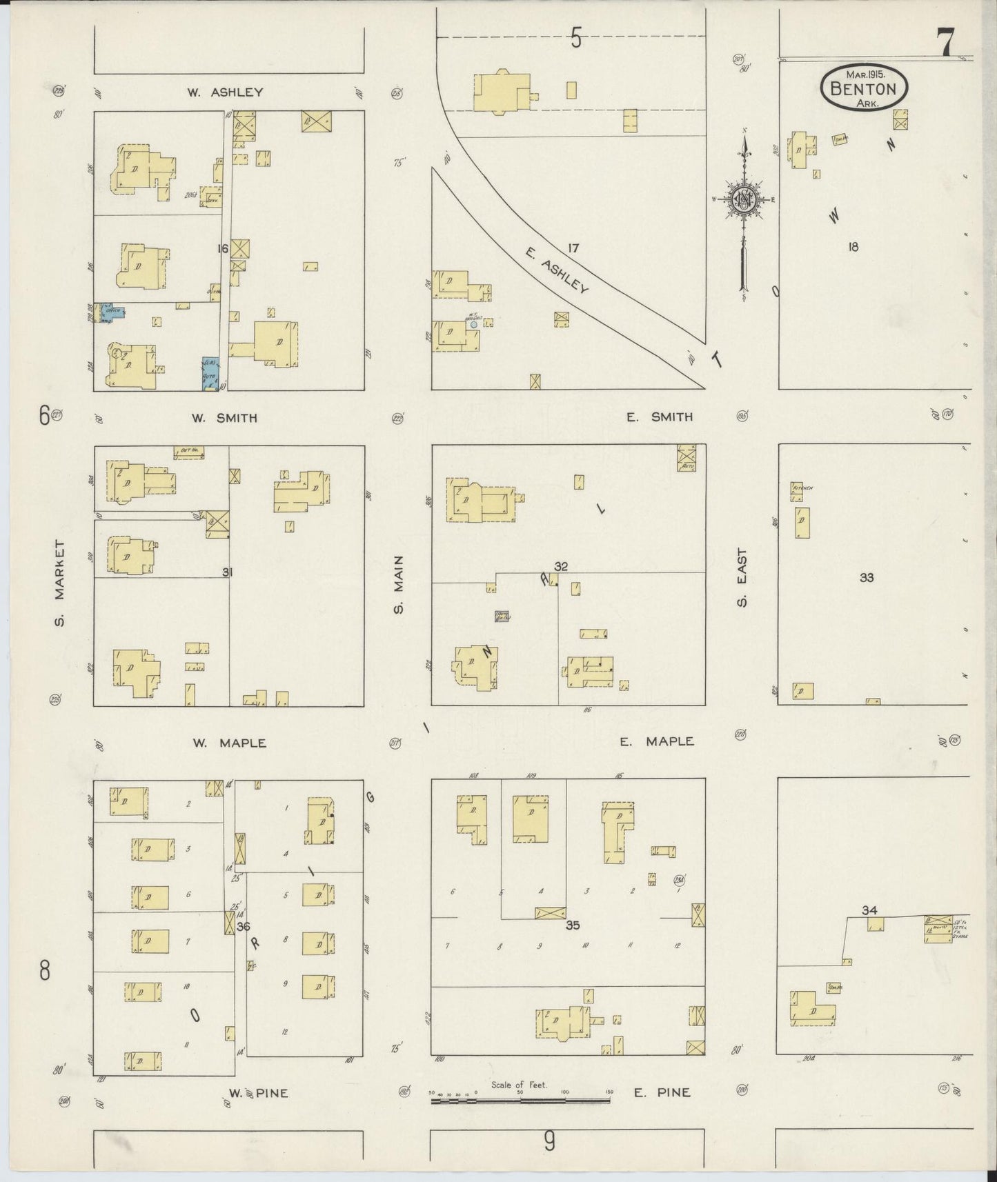 Sanborn Fire Insurance Map from Benton, Saline County, Arkansas (1915), Sheet #0007 - Complete Map Set gallery image, historic Sanborn map, vintage wall art, Arkansas Arkansas