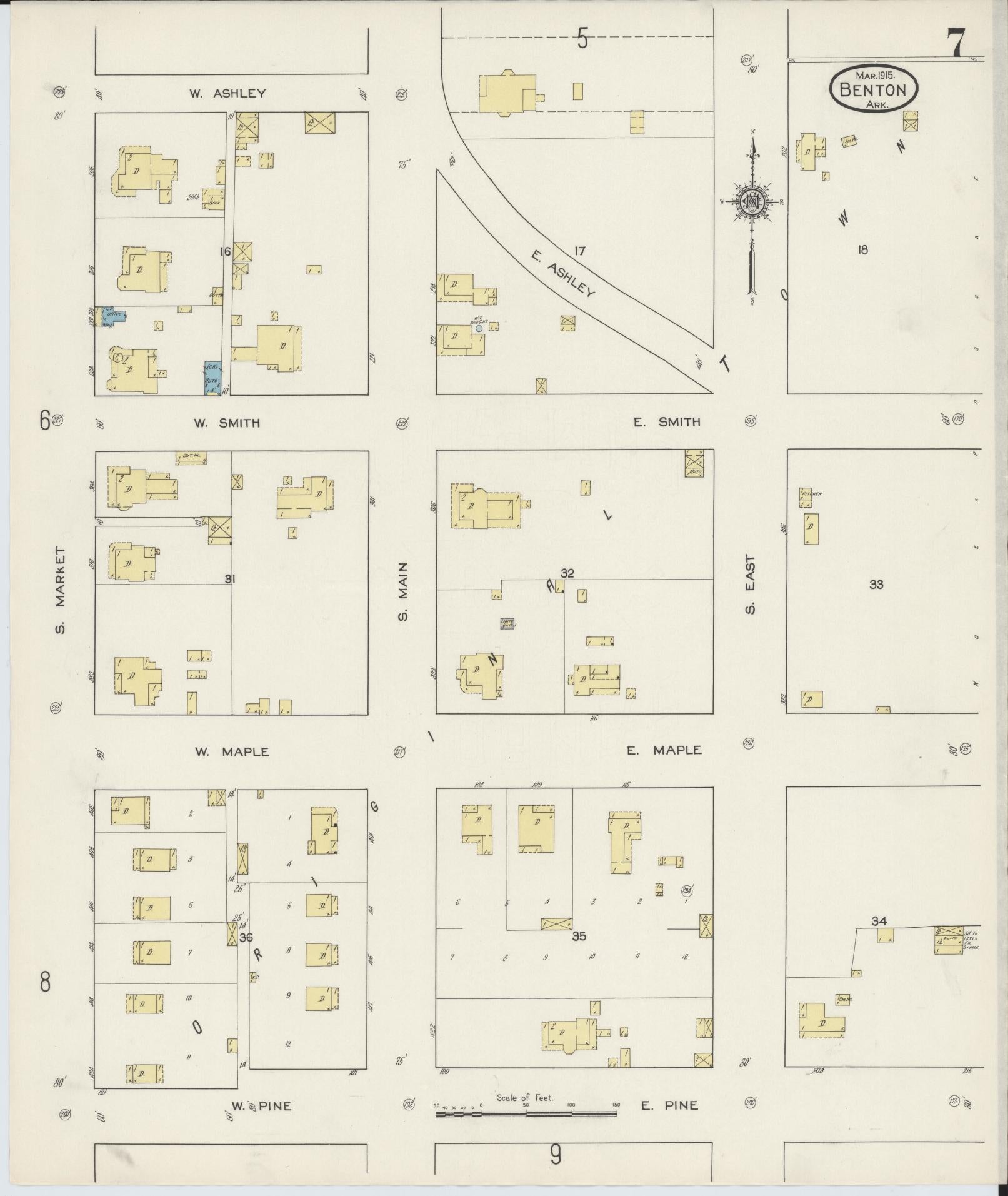 Sanborn Fire Insurance Map from Benton, Saline County, Arkansas (1915), Sheet #0007 - Complete Map Set gallery image, historic Sanborn map, vintage wall art, Arkansas Arkansas