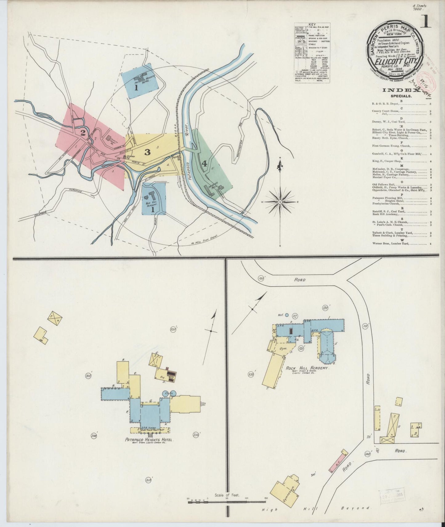 Sanborn Fire Insurance Map from Ellicott City, Howard County, Maryland (1894), Sheet #0001 - Historic Sanborn Fire Insurance Map Print, vintage old map wall art, antique decor, genealogy gift, Maryland Maryland map